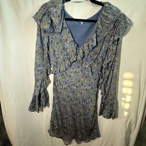 Free People Floral Blue and Green Dress with Ruffles - Size 0